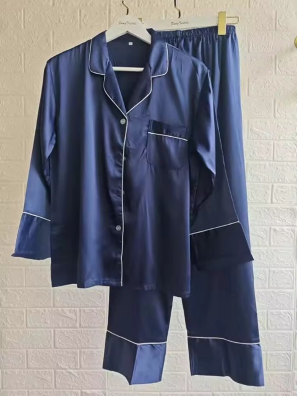 Women's Navy Satin Pajama Set with White Piping